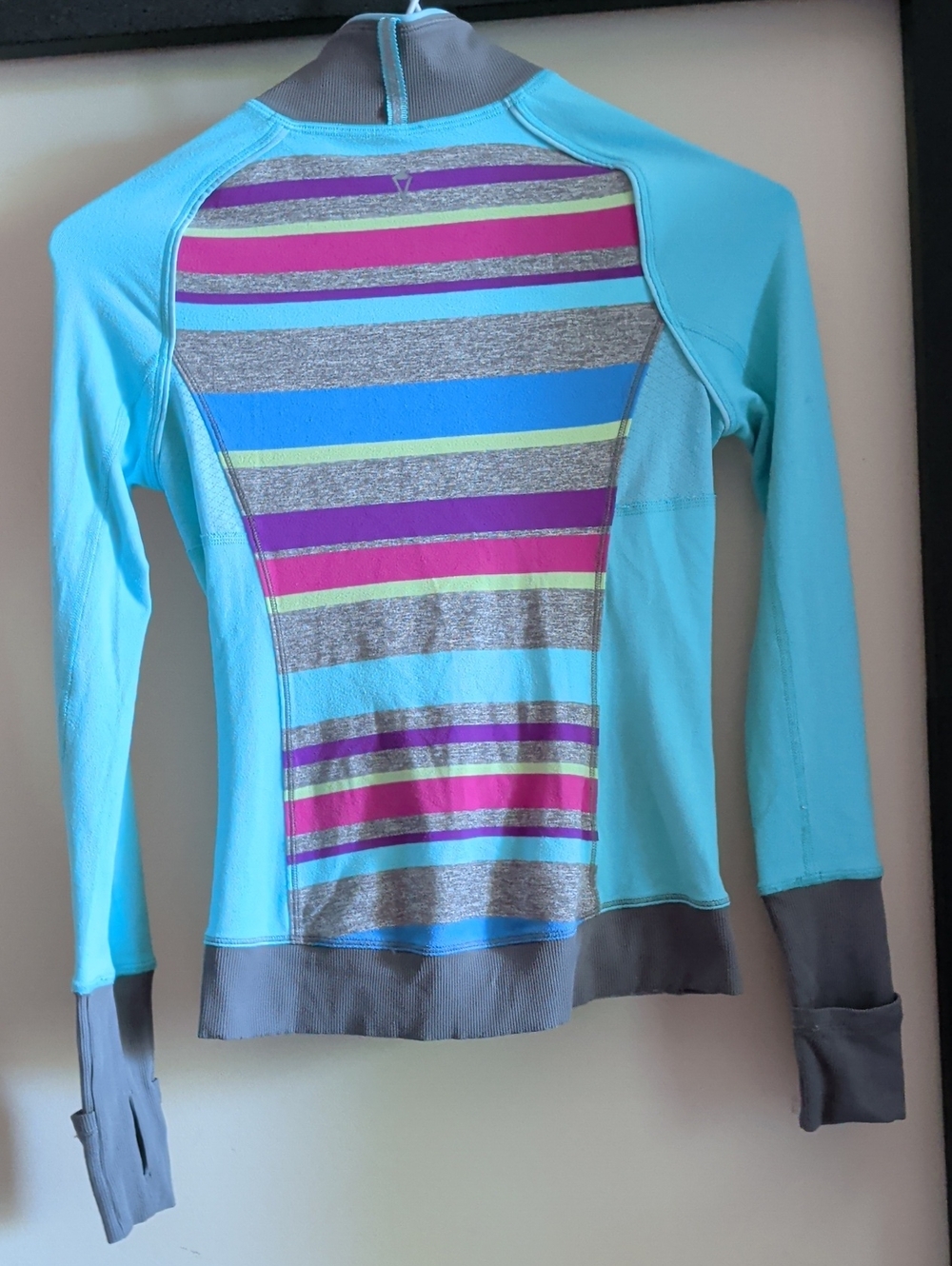 Kids Long Sleeve Active Top - Aqua with Multicolor Stripes